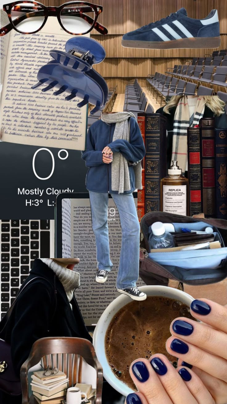 a woman with blue nails is standing in front of a book shelf filled with books