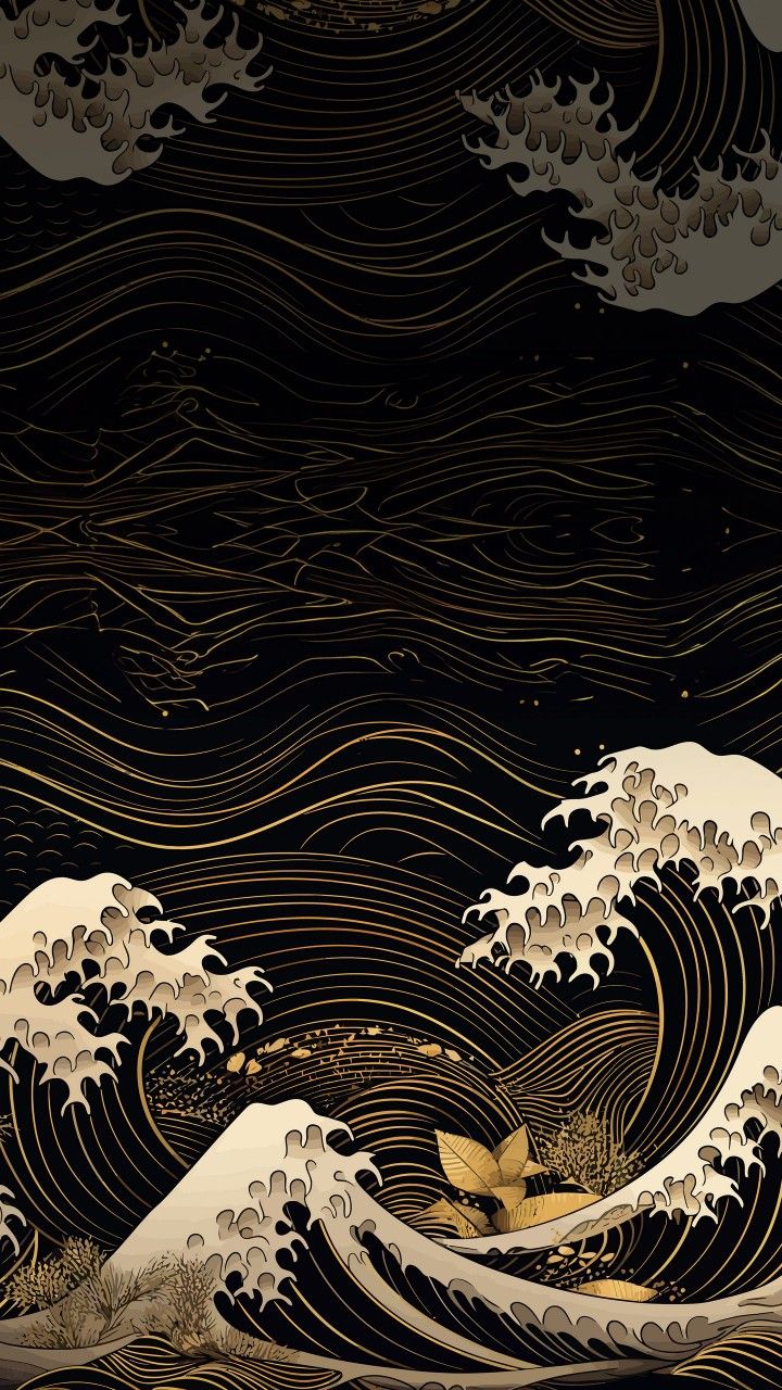 the great wave in black and white with gold accents