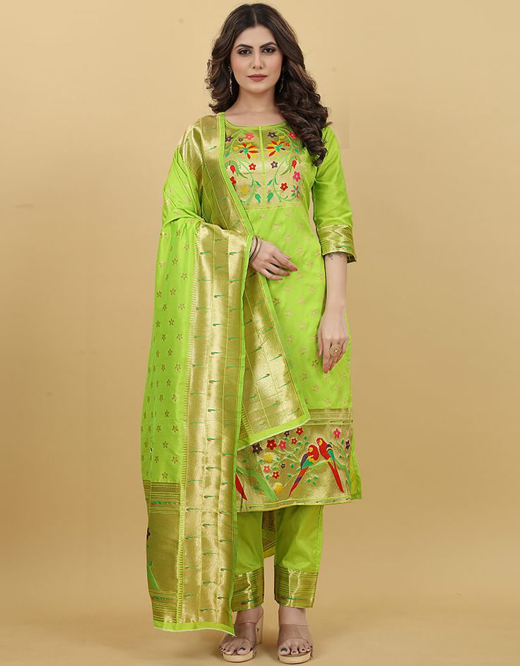 Embrace timeless grace with our Green Paithani Silk Pant Suit, a perfect blend of tradition and contemporary style. 🌿✨ Experience the enchanting beauty of Paithani silk in a captivating green hue. #ArabicAttire #PaithaniSilk #GreenElegance #FashionForward" Paithani Dress Pattern Salwar Kameez, Paithani Kurti Designs Latest, Paithani Kurti Design, Paithani Kurti, Silk Salwar Suit, Silk Pant Suit, Green Dupatta, Modest Evening Dress, Kameez Designs