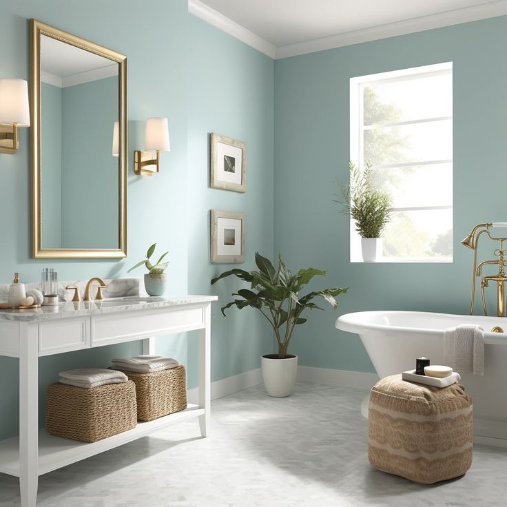 a bathroom with a tub, sink and large mirror in it's center area