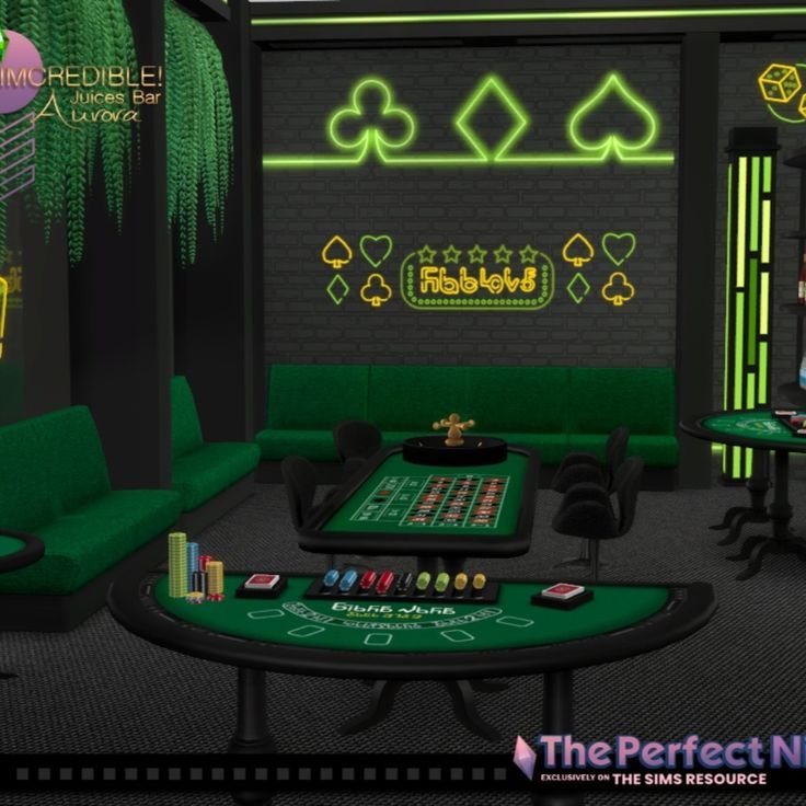 a casino room with green furniture and neon signs on the walls, along with black tables