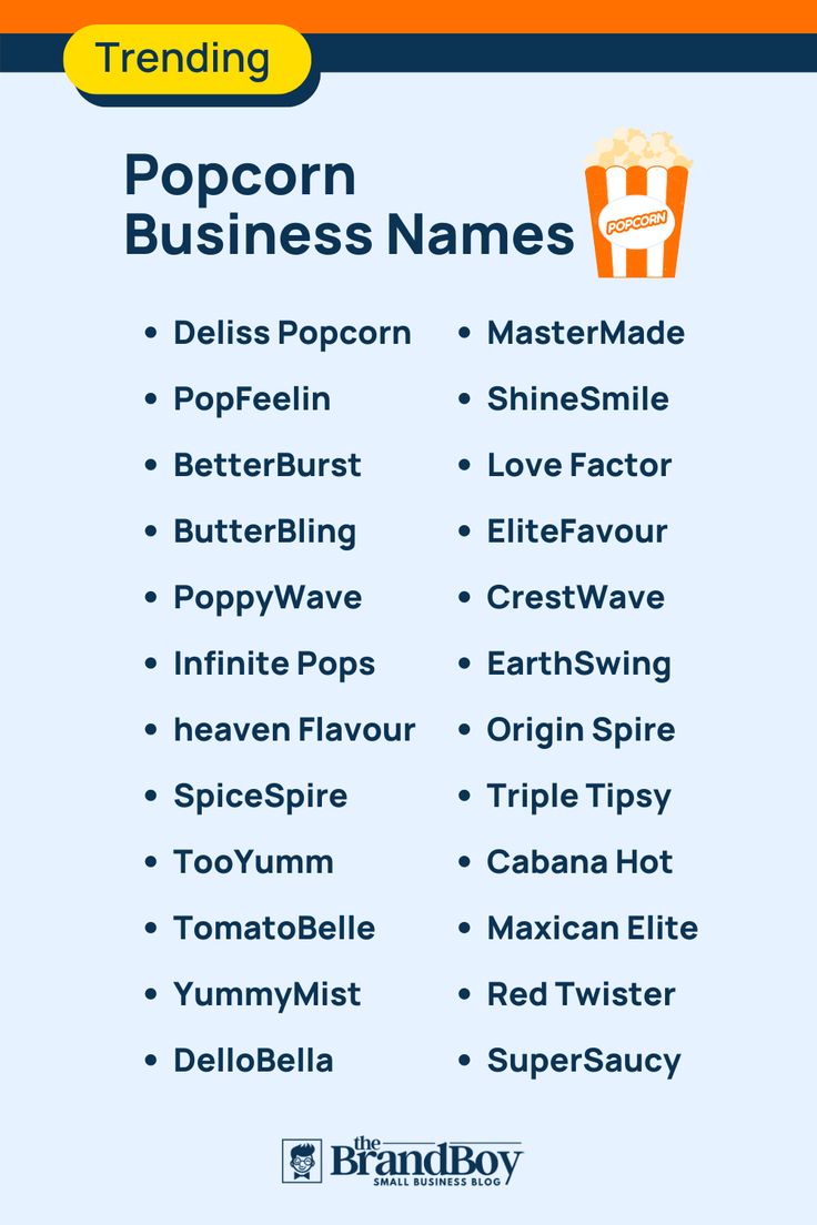 a list of popcorn business names on a blue and orange background with an orange border