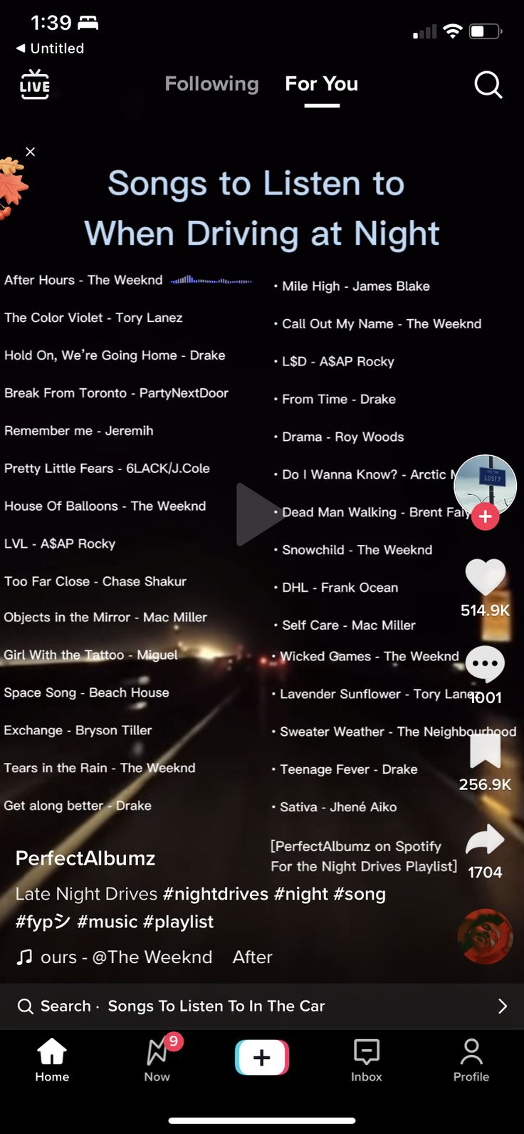 an iphone screen with the words, songs to listen to when driving at night