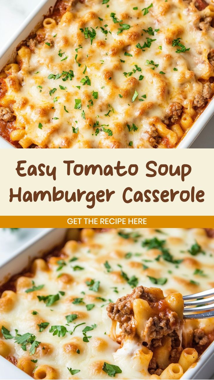 an easy tomato soup hamburger casserole with cheese and meat