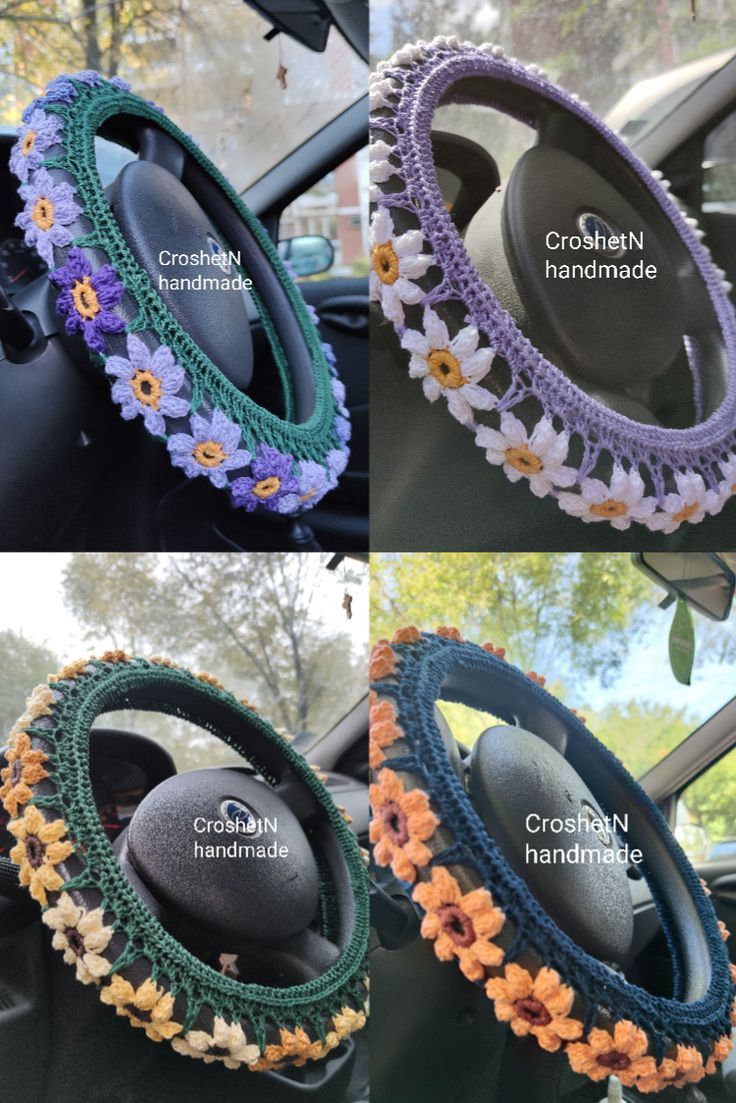 four different types of crocheted headbands on the dashboard of a car