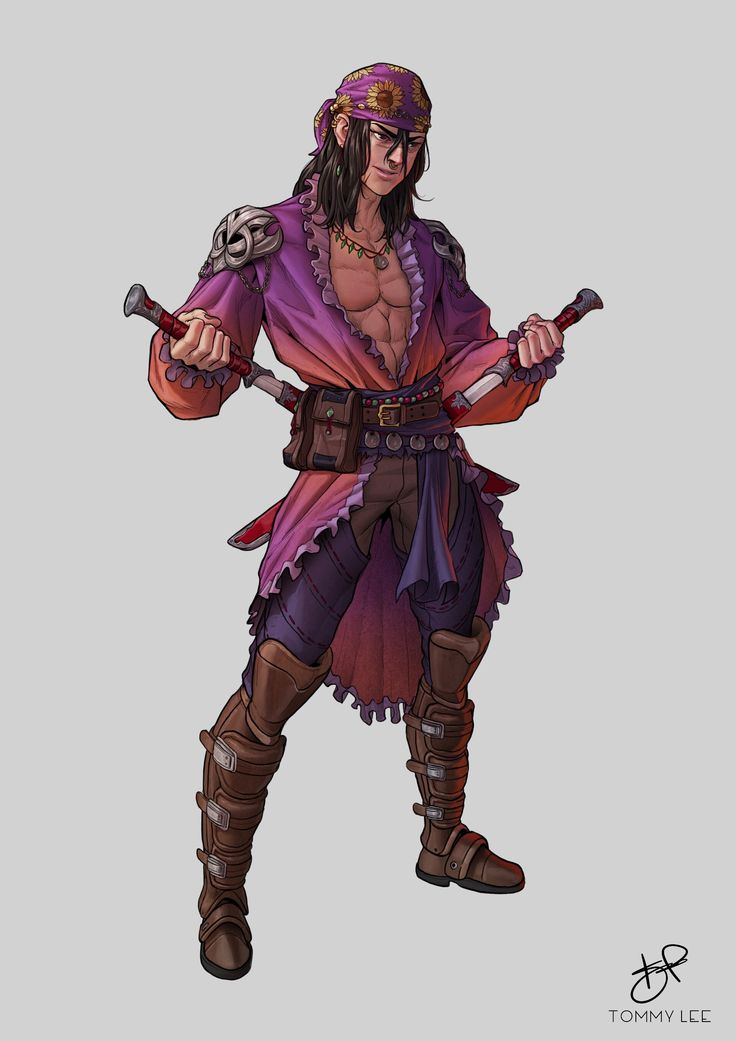 a drawing of a man in pirate costume holding two swords and wearing a purple outfit