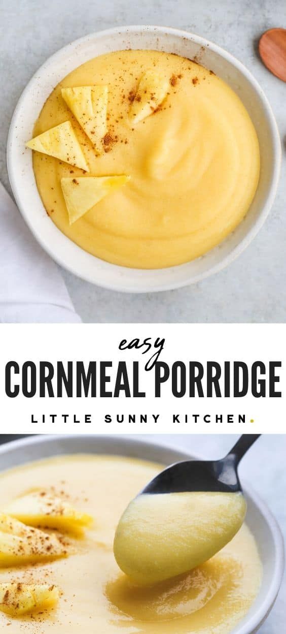 a bowl of cornmeal porridge with a spoon in it and the title overlay reads easy homemade porridge little sunny kitchen