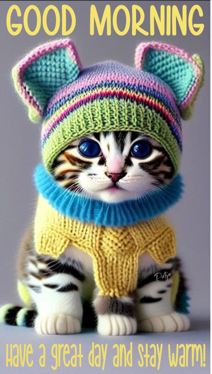 a cat wearing a sweater and hat with the caption good morning have a great day and stay warm