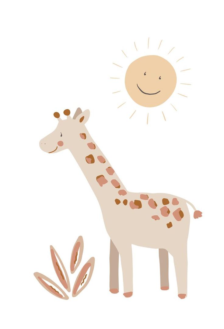 a giraffe standing next to a plant with the sun in the sky above it