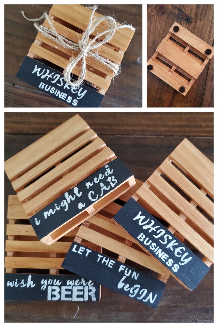 four different pictures of wooden crates with labels on them and tied in twine to each other