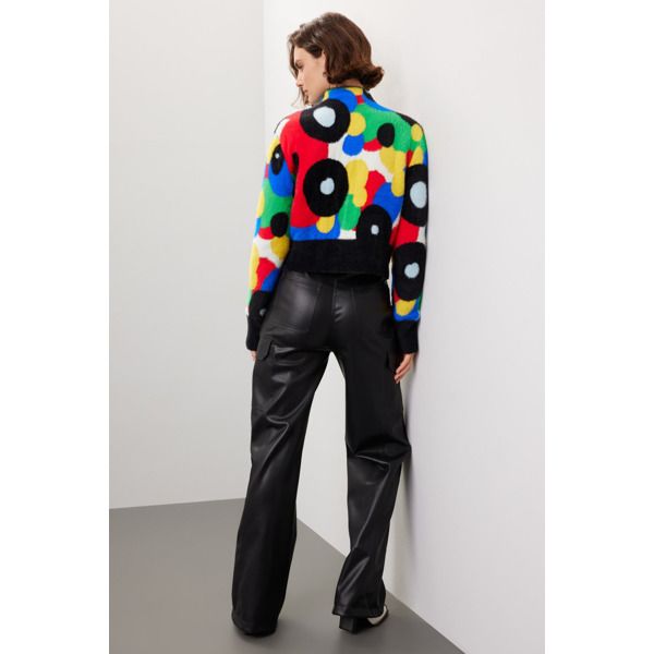 Multicolor abstract knit (100% Nylon). Sweater. Long sleeves. Mock neck. Pull on. 18" from shoulder to hemline. Imported. Chic Multicolor Winter Sweater, Casual Multicolor Workwear Sweater, Modern Long Sleeve Sweater For Spring, Black High Neck Sweater For Spring, Modern Long Sleeve Winter Turtleneck, Multicolor Stretch Sweater For Winter, Stretch Multicolor Winter Sweater, Trendy Stretch Multicolor Sweater, Trendy Multicolor Stretch Sweater