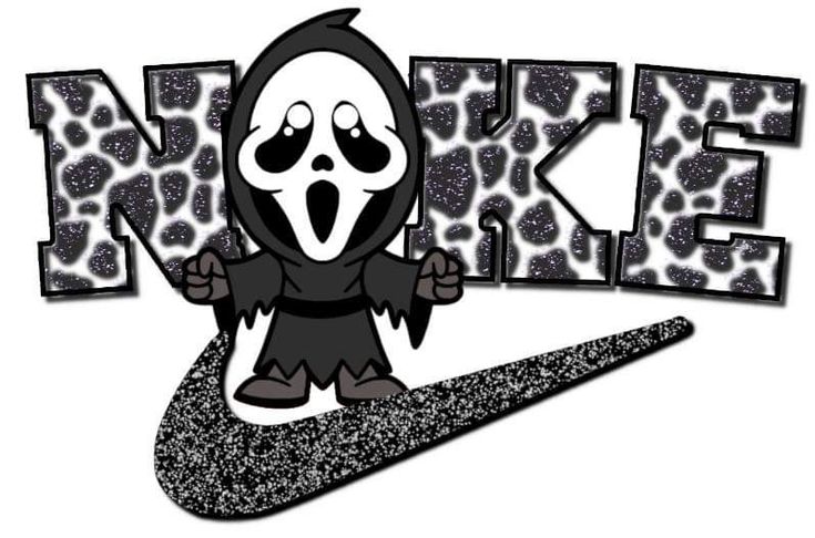 a black and white image of a cartoon character with the word nike painted on it