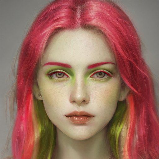 a woman with bright pink hair and green eyeliners is shown in this image