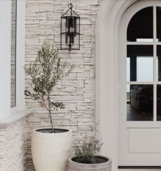 two planters sitting next to each other on the side of a building near a door