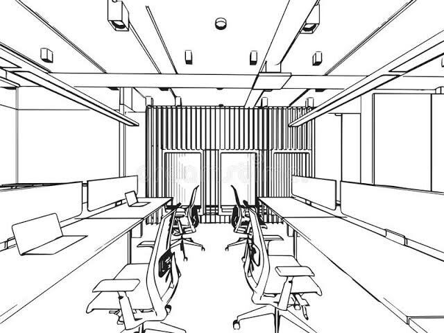 black and white drawing of an office with desks royalty