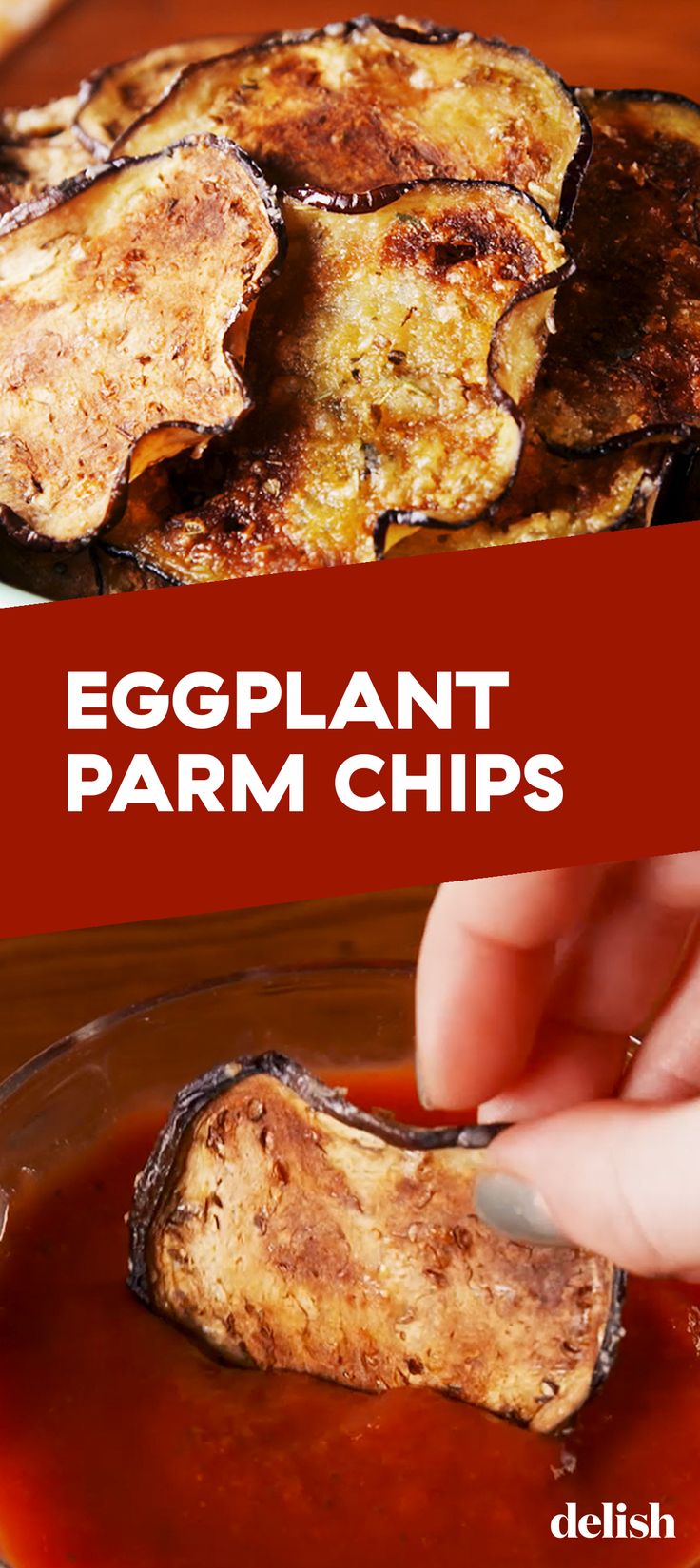 eggplant parm chips being dipped with ketchup in a glass bowl