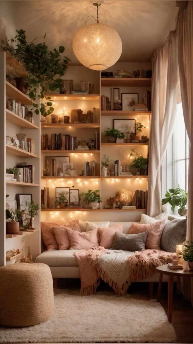 a living room filled with lots of furniture and bookshelves covered in lights next to a window