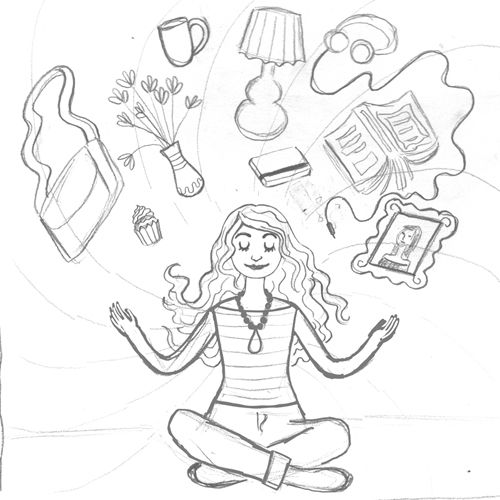 a drawing of a woman sitting in the middle of a yoga pose with many objects around her