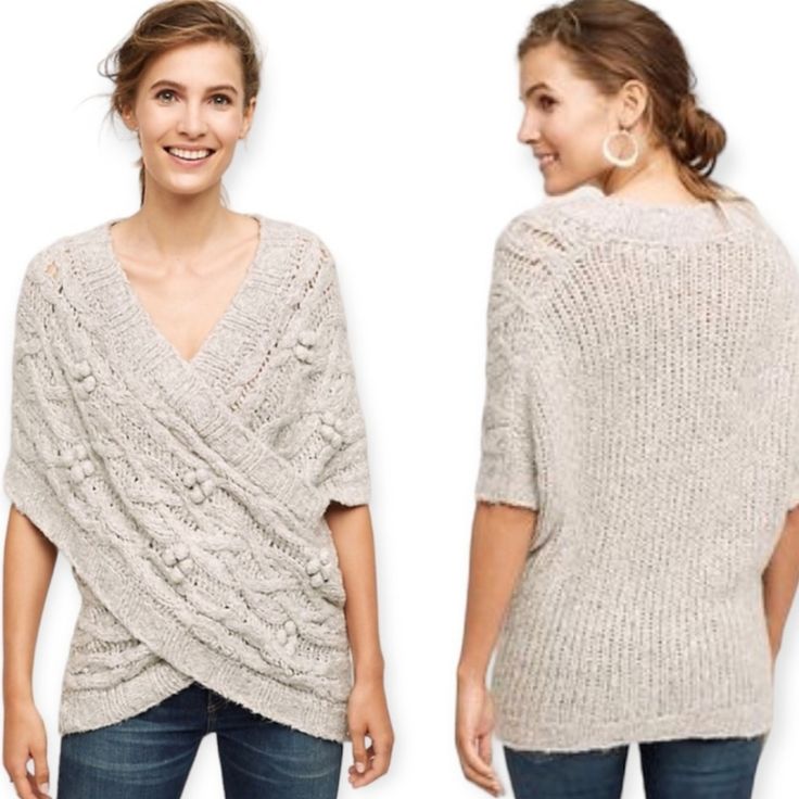 two pictures of a woman wearing a sweater with an asymmetrical design on it