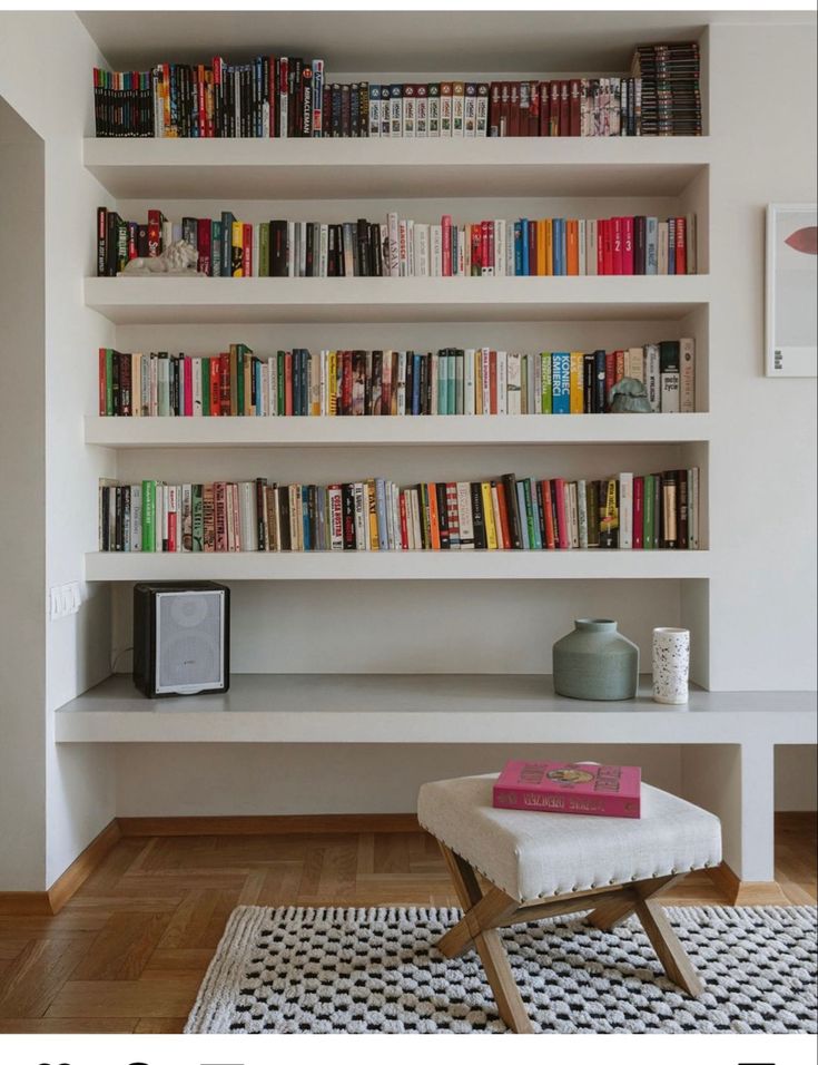 a white book shelf filled with lots of books