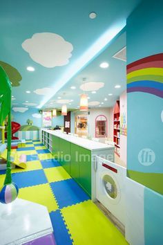 the children's playroom is brightly colored