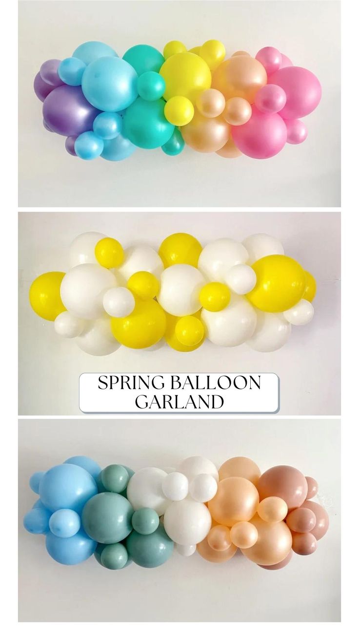 balloons are arranged in different colors and sizes, with the words spring balloon garland above them