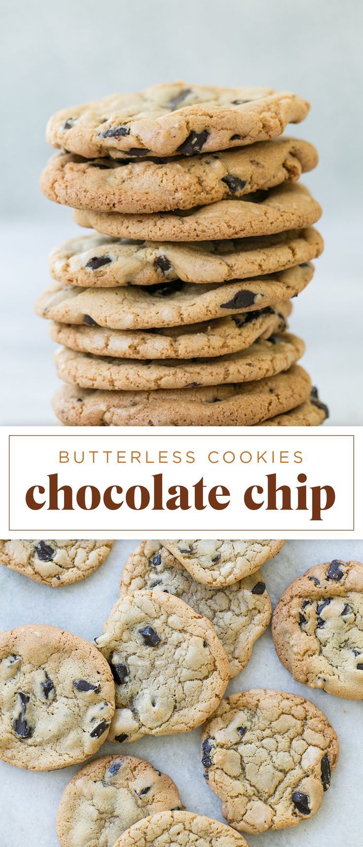 chocolate chip cookies stacked on top of each other with the words butterless cookies above them