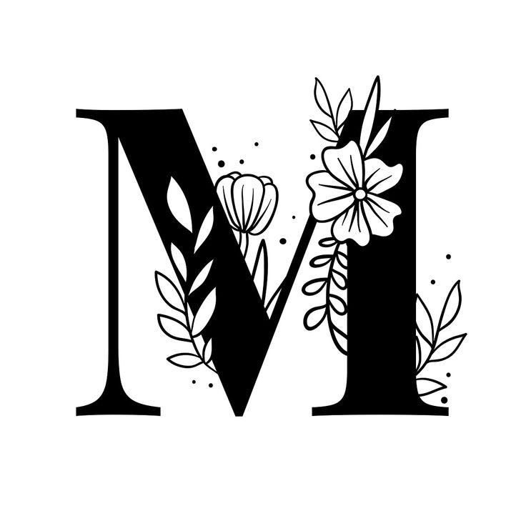 the letter m with flowers and leaves is shown in black on an isolated white background