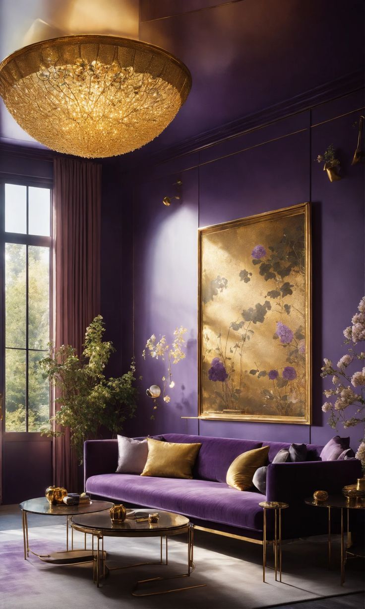 a living room with purple walls, gold accents and large painting on the wall above the couch