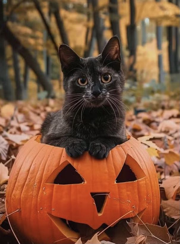 a black cat sitting on top of a pumpkin in the middle of leaves and looking at the camera