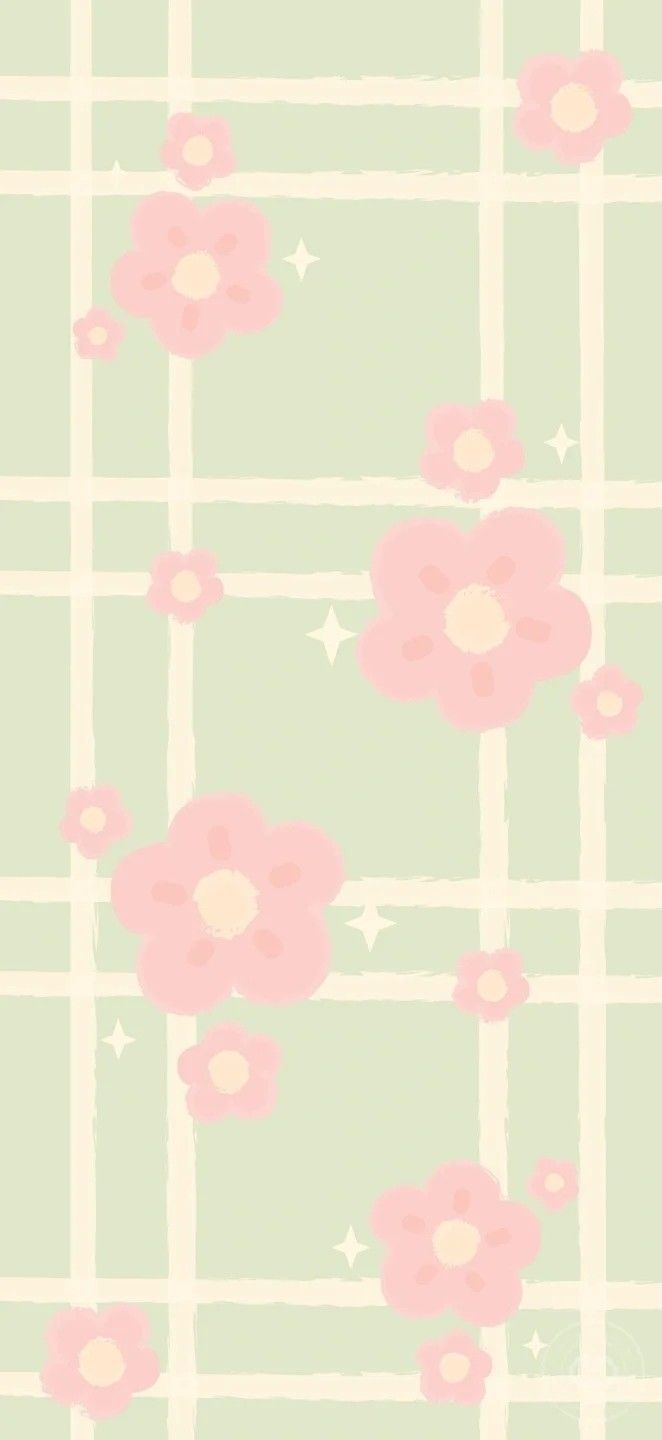 pink flowers are on a green checkered wallpaper