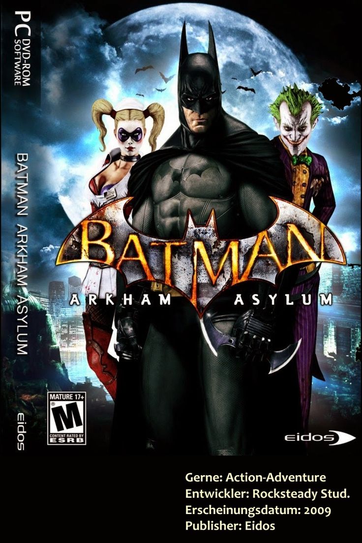 batman arkham asylum on the cover of an electronic game, with two jokers standing next to each other