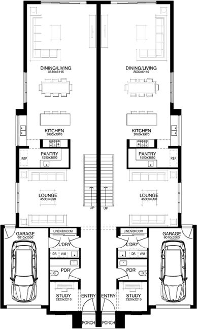 the floor plan for two story townhouses with garages and parking spaces on each level