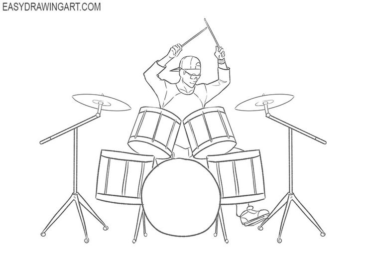 a drawing of a man playing drums with his hands up in the air, while standing on