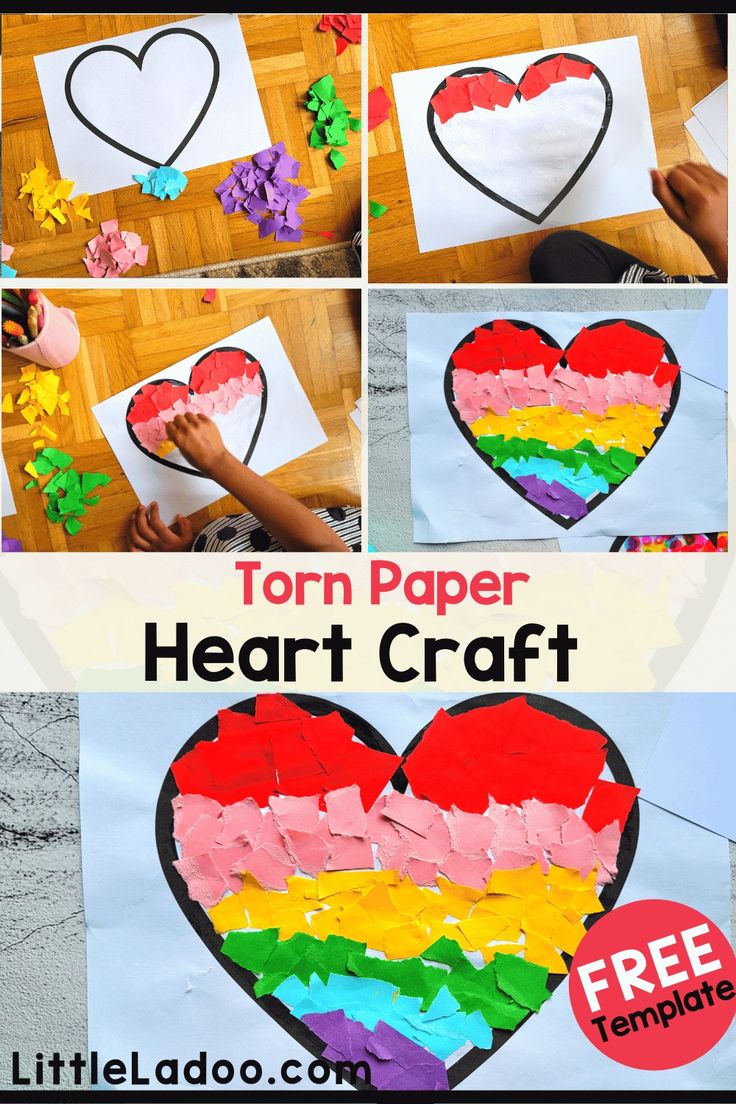 Torn Paper Heart Craft Heart Craft Preschoolers, Valentine Mosaic Heart Craft, Prek Collage Art, Heart Craft Kindergarten, Prek Heart Craft, February Craft Ideas For Kids, Heart Shape Crafts For Toddlers, Kindergarten Heart Art Projects, Heart Craft Preschool