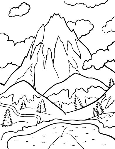 a mountain landscape with trees and clouds in the sky coloring page for adults, kids