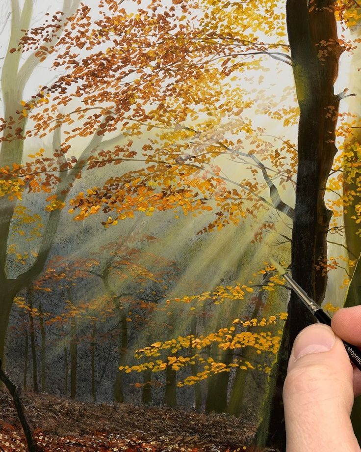 a person is painting trees in the woods with acrylic paint on canvases