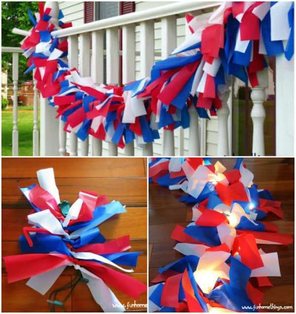 some red, white and blue streamers are hanging from a porch