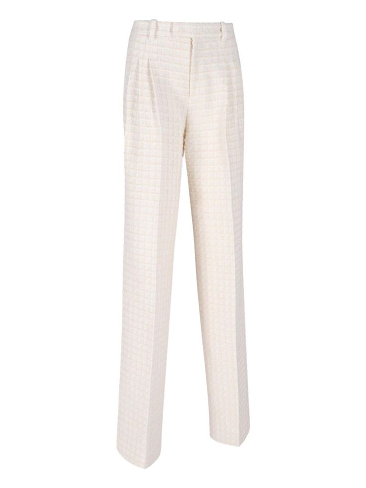 Tweed Trousers Elegant Tweed Bottoms For Business Casual, Elegant Tweed Bottoms For Business, Elegant Tweed Pants For Tailoring, Elegant Fitted Tweed Bottoms, Gucci Luxury Wide Leg Pants, Fitted Tweed Bottoms For Office, Elegant Tweed Pants For Business, Elegant Tweed Trousers, Elegant Structured Pants For Formal Occasions