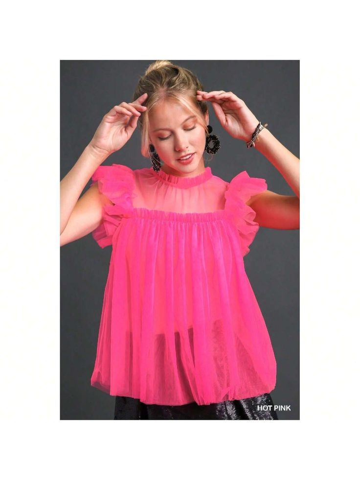 Introducing our Mesh Ruffle Sleeve & Round Neck Top-a playful and stylish addition to your wardrobe. This top is crafted with a delightful combination of mesh ruffle sleeves and a classic round neck, creating a chic and trendy look.

Key Features:
1. Fabric: Our top is made from 100% Polyester, offering a lightweight and breathable feel.
2. Sizes: Available in sizes Small (S), Medium (M), and Large (L), ensuring a flattering fit for various body shapes.
3. Design: Featuring mesh ruffle sleeves a Round Neck Top, Mesh Sleeves, Round Neck Tops, Ruffle Sleeves, Neck Designs, Everyday Look, Body Shapes, All Fashion, Womens Tees