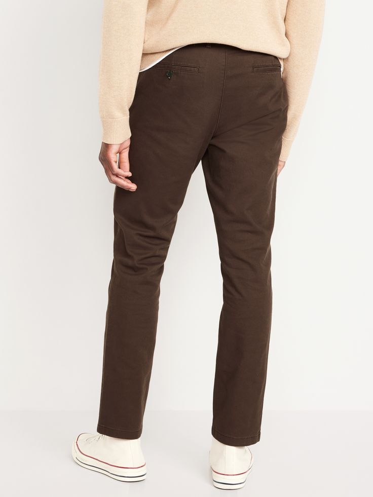 contoured waistband button closure belt loops zip fly hip pockets back welt pockets with button closure at left slim thigh and leg hits below ankle model is approx.  6'1" and wears size 32w x 32lmachine wash according to the care instruction label Chinos Men, Olive Chinos, Brown Chinos, Mens Chinos, Chino Pants, Chinos Pants, Welt Pocket, Welt Pockets, Toddler Boys