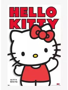 a hello kitty sticker with the words hello kitty in red and white on it