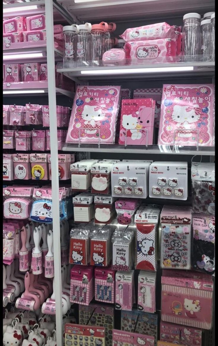 hello kitty toys are on display in a store with other items for sale behind the shelves