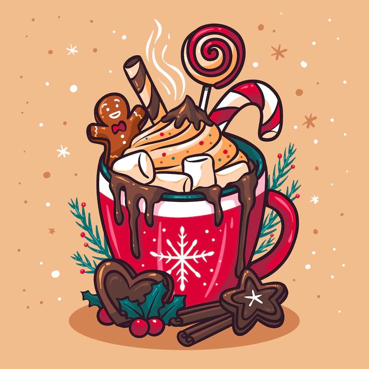 a hot chocolate drink with marshmallows, candy canes and candies