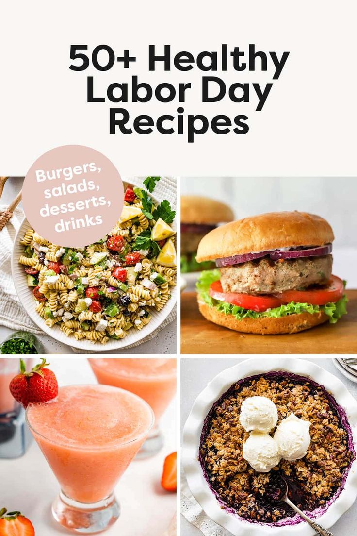 the cover of 50 + healthy labor day recipes, including burgers, salads and drinks