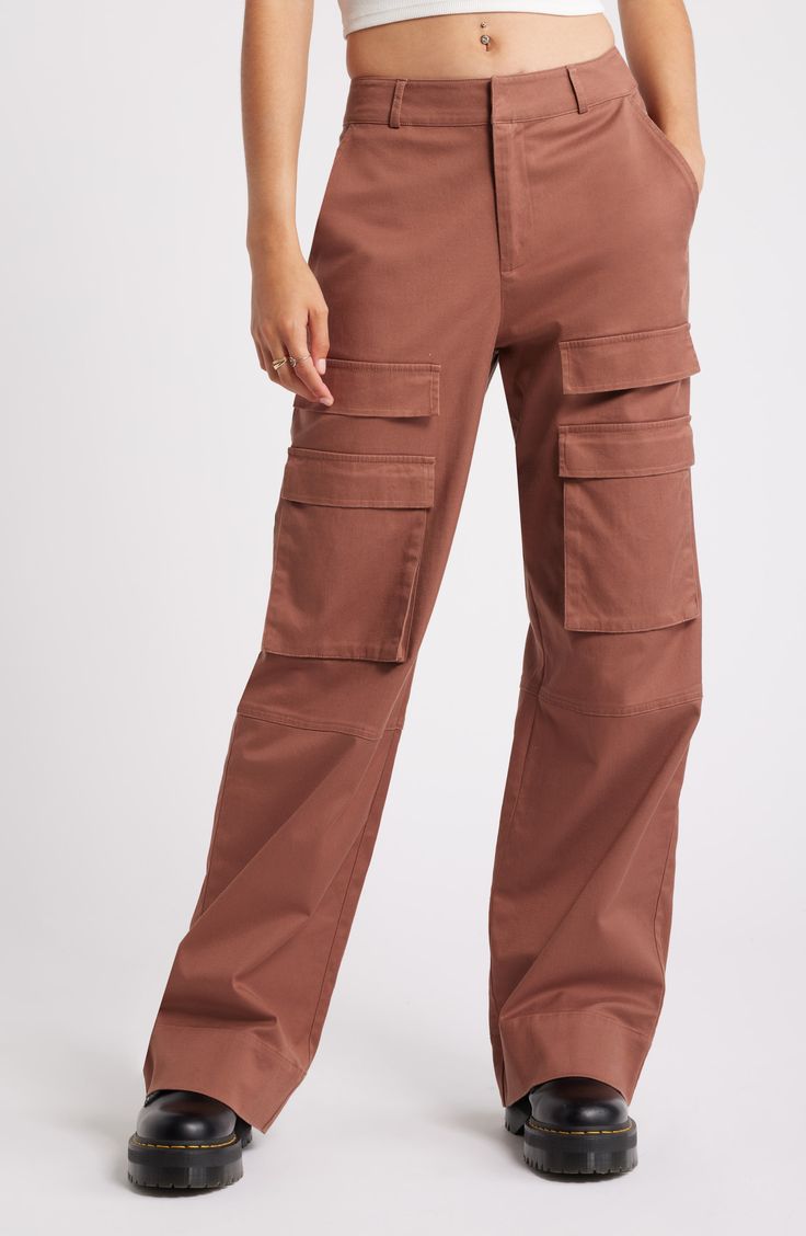 These trend-right pants are crafted from a durable cotton blend with cargo pockets for a utilitarian vibe. 32" inseam; 21" leg opening; 12" front rise; 14 1/2" back rise (size 29) 49% cotton, 48% lyocell, 3% spandex Machine wash, line dry Imported Mid-rise Cotton Parachute Pants With Pockets, Cotton Cargo Pants Full Length, Straight Leg Cotton Cargo Pants With Pockets, Full Length Cotton Cargo Bottoms, Full-length Cotton Cargo Jeans For Fall, Full Length Cotton Cargo Jeans For Fall, Cotton Utility Bottoms With Cargo Pockets, Utility Style Cotton Cargo Jeans, Full Length, Utility Cotton Bottoms With Cargo Pockets