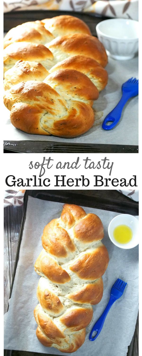 two photos of garlic herb bread on a baking sheet with blue utensils next to it