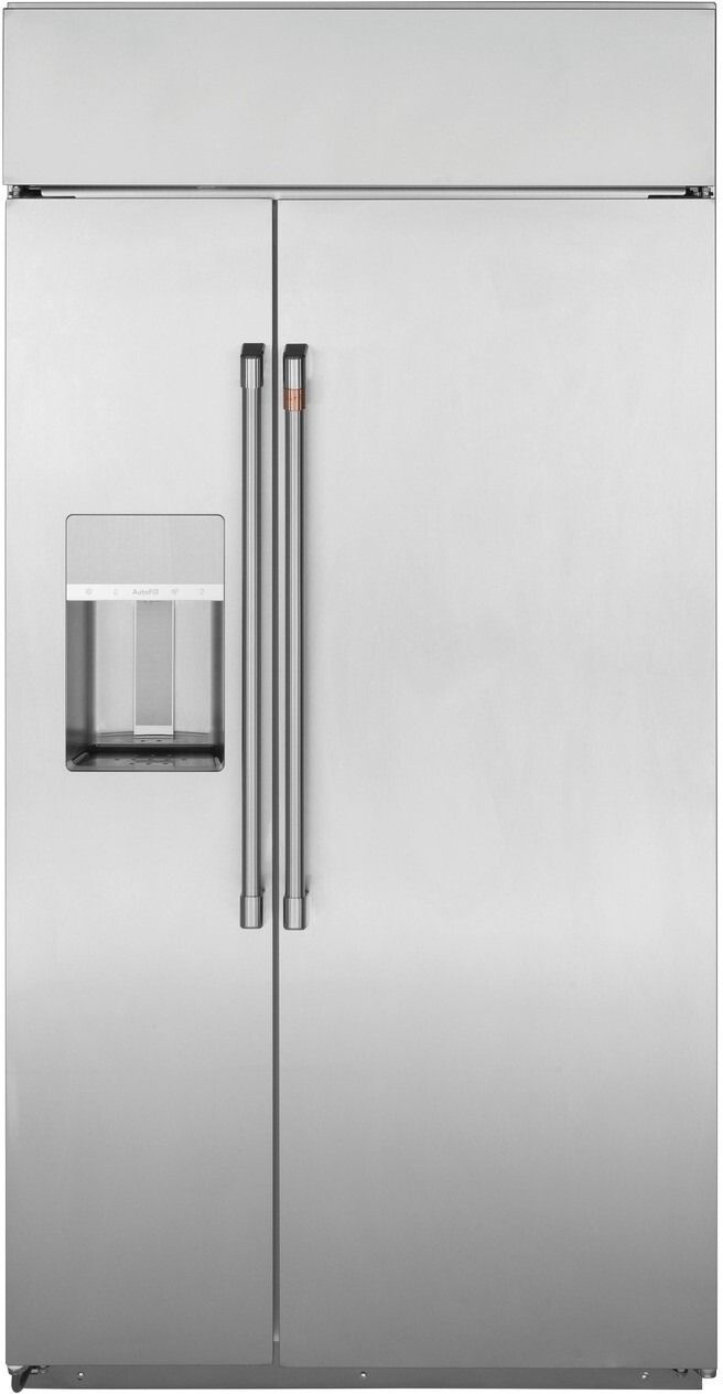 the side by side refrigerator is stainless steel and has two doors, one with a water dispenser on it