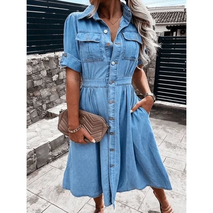 Get a casual shirt dress look with - Denim Dress. Lightweight denim gives this dress structure, while retro details at the shoulders, pocket and the pleated waist give a cool girl vibe. The sleeves are nicely rolled up, and the long dress length makes it a favorite for a slightly more elegant - but still edgy - look. Whether you're heading out for a cup of coffee or running errands, this Lola - Denim Dress will keep you moving in cool comfort all day long. This dress is made of 100% denim for so Spring Dark Wash Dress With Pockets, Denim Blue Midi Dress For Summer Workwear, Casual Long Sleeve Midi Dress With Pockets, Casual Midi Length Denim Dress, Casual Dark Wash Collared Dress, Denim Blue Midi Dress For Dressing Down In Spring, Denim Blue Midi Dress For Dress Down In Spring, Casual Denim Dress For Dress Down Occasions, Casual Midi Denim Dress