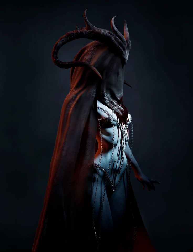 a demonic demon with horns and chains on his head is standing in the dark wearing a red cape